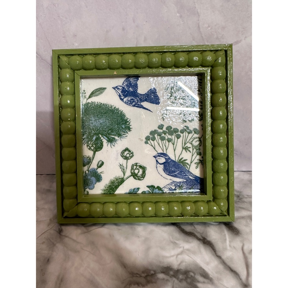 Handmade Sage Green Bobbin Frame Bluebird Botanical Art 5.5x5.5 Square Decor